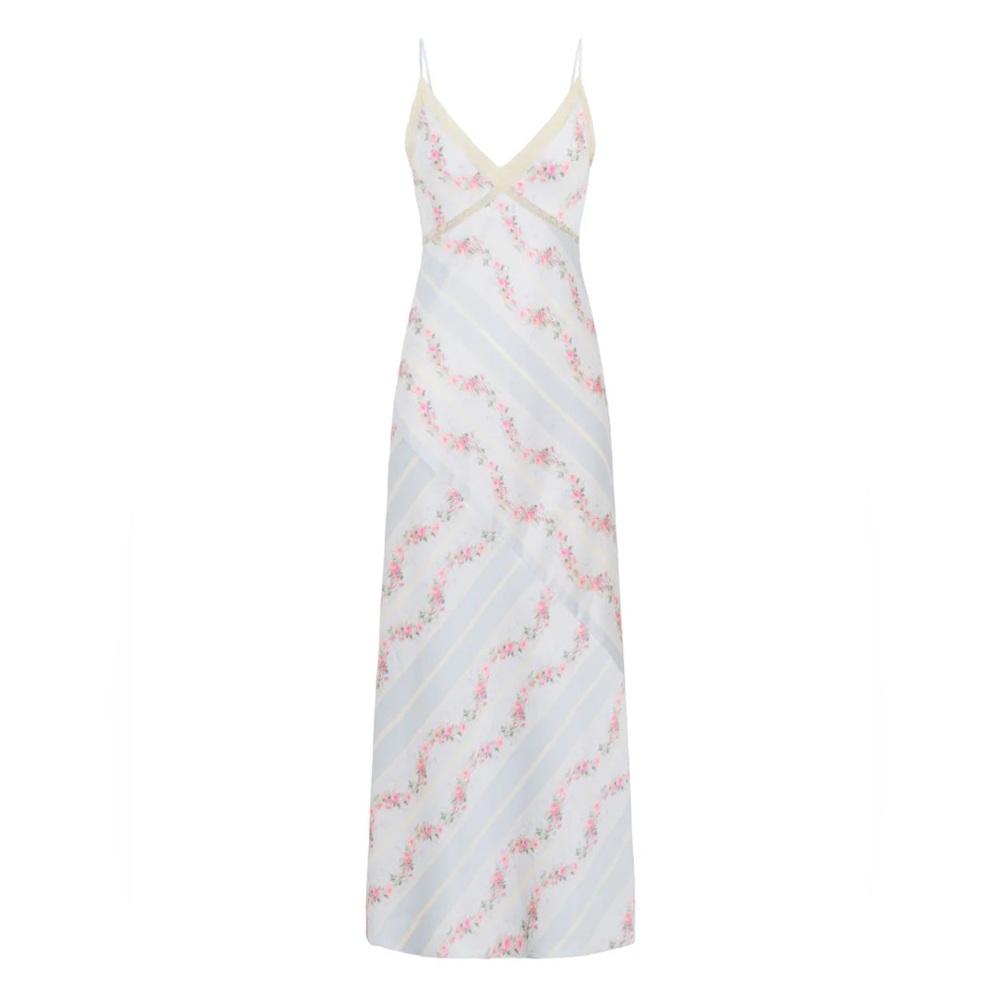 LoveShackFancy ERMON SATIN FLORAL LACE BIAS CUT MAXI SLIP DRESS ROMANTIC Blue M